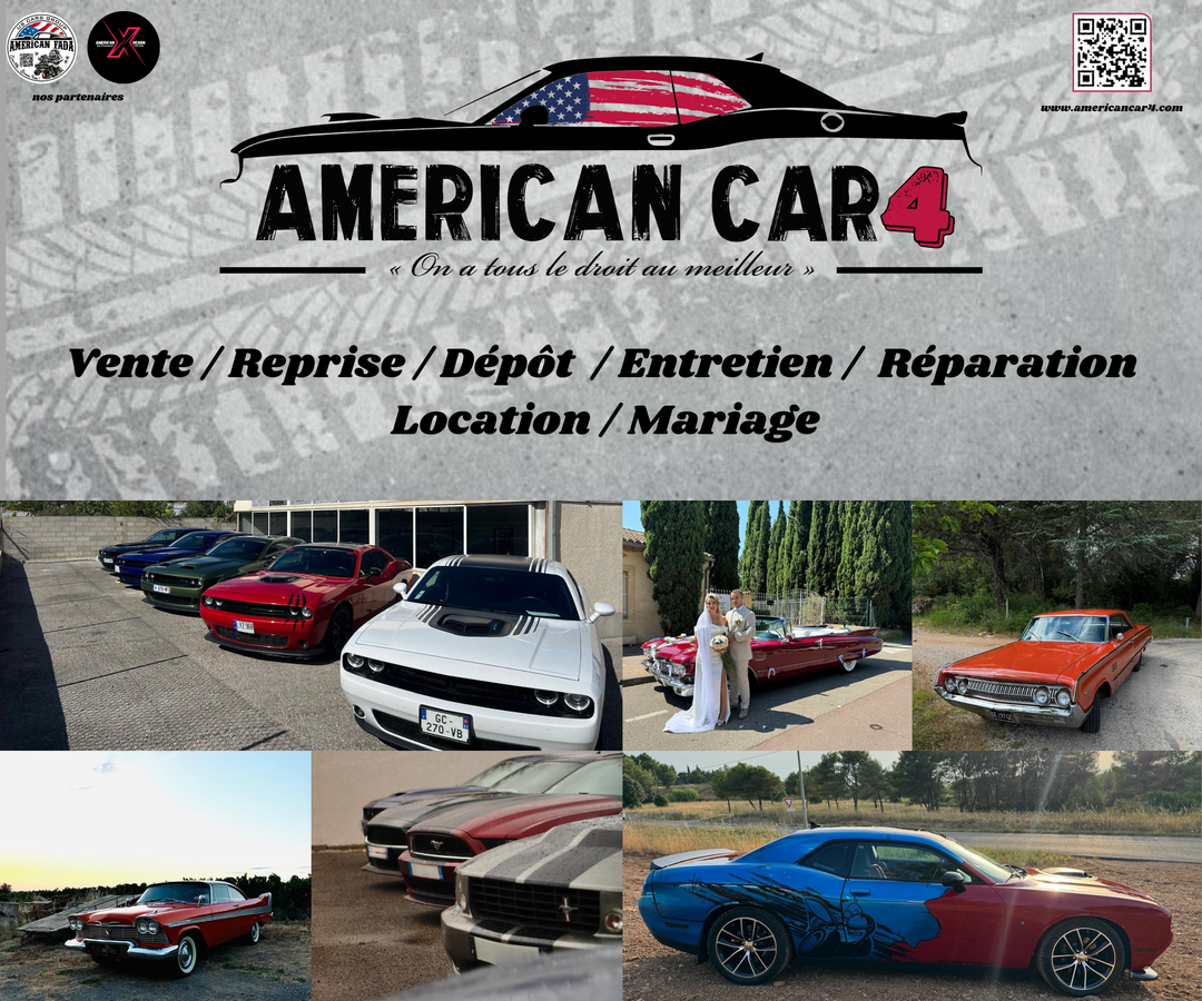 Prospectus du concessionnaire American Car 4 présentant un large choix de voitures classiques et modernes ainsi que des services d'entretien français.