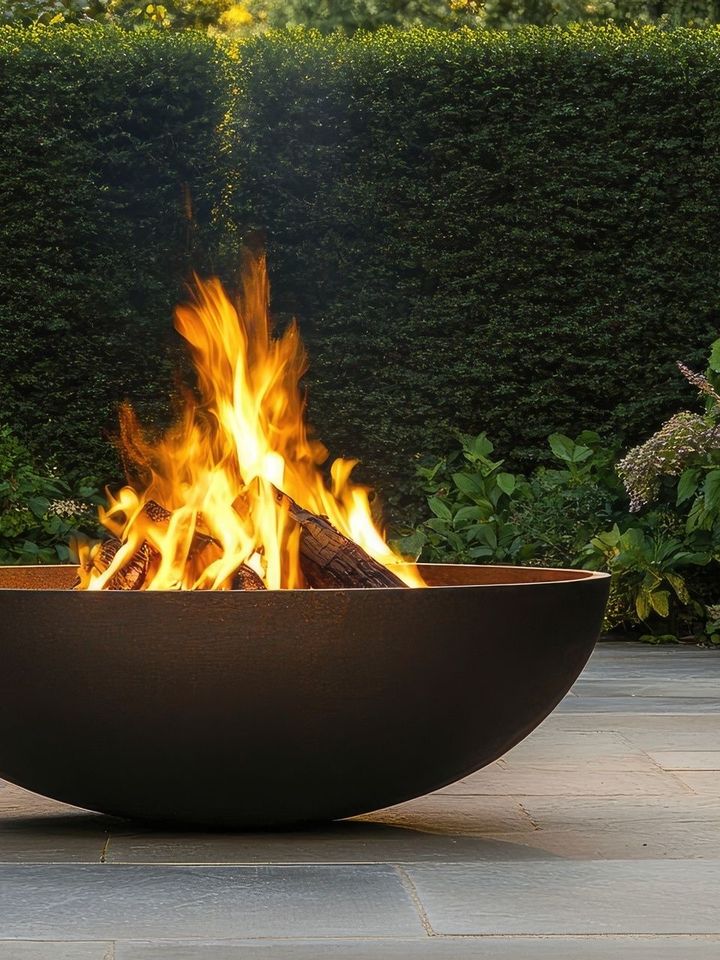 Brasero avec des flammes, installé sur une terrasse en pierre adossée à une haie.