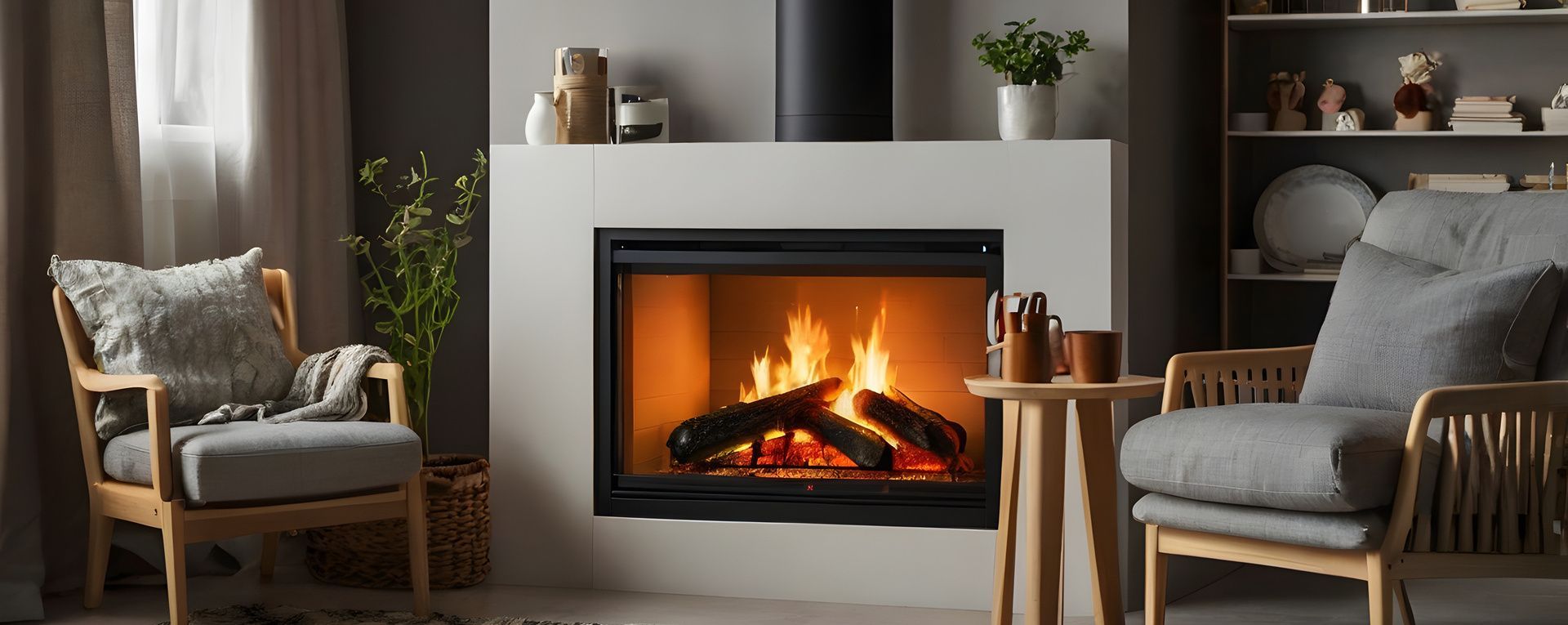 Salon confortable avec une cheminée allumée, deux fauteuils et une bibliothèque.