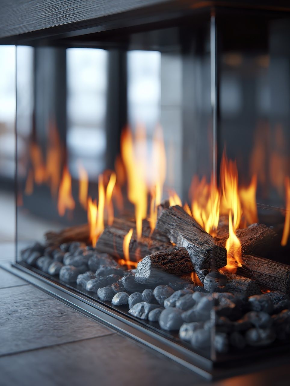 Cheminée avec flammes et fausses bûches derrière une vitre.