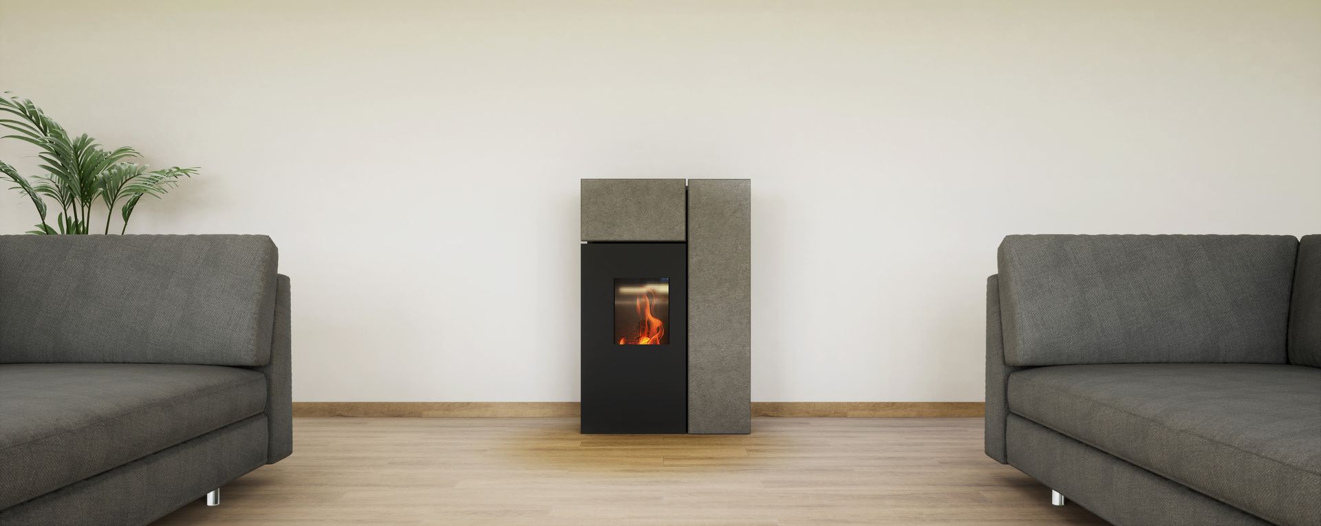 Salon avec un poêle allumé entre deux canapés gris.