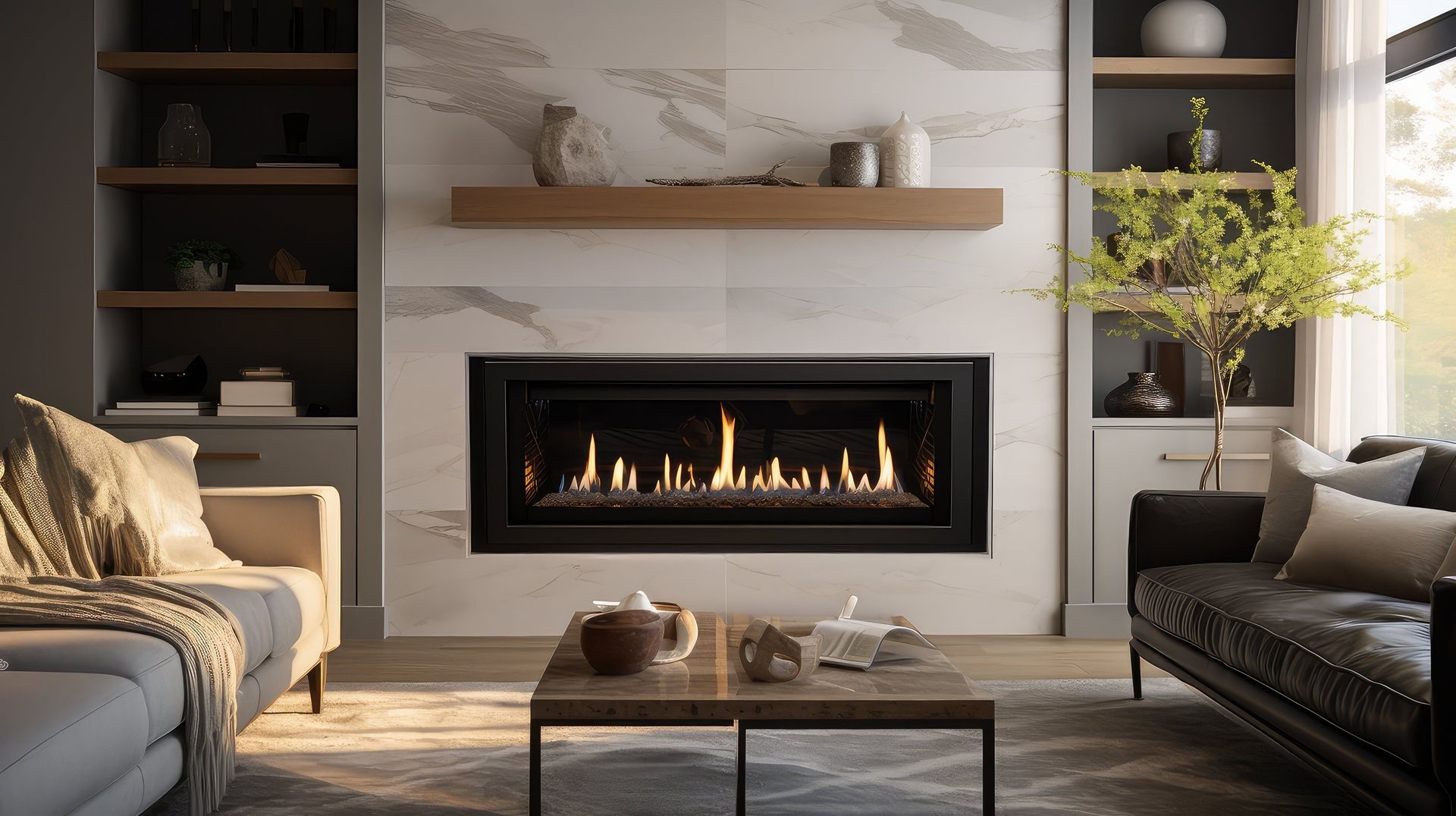 Salon avec cheminée moderne, étagères intégrées et deux canapés.