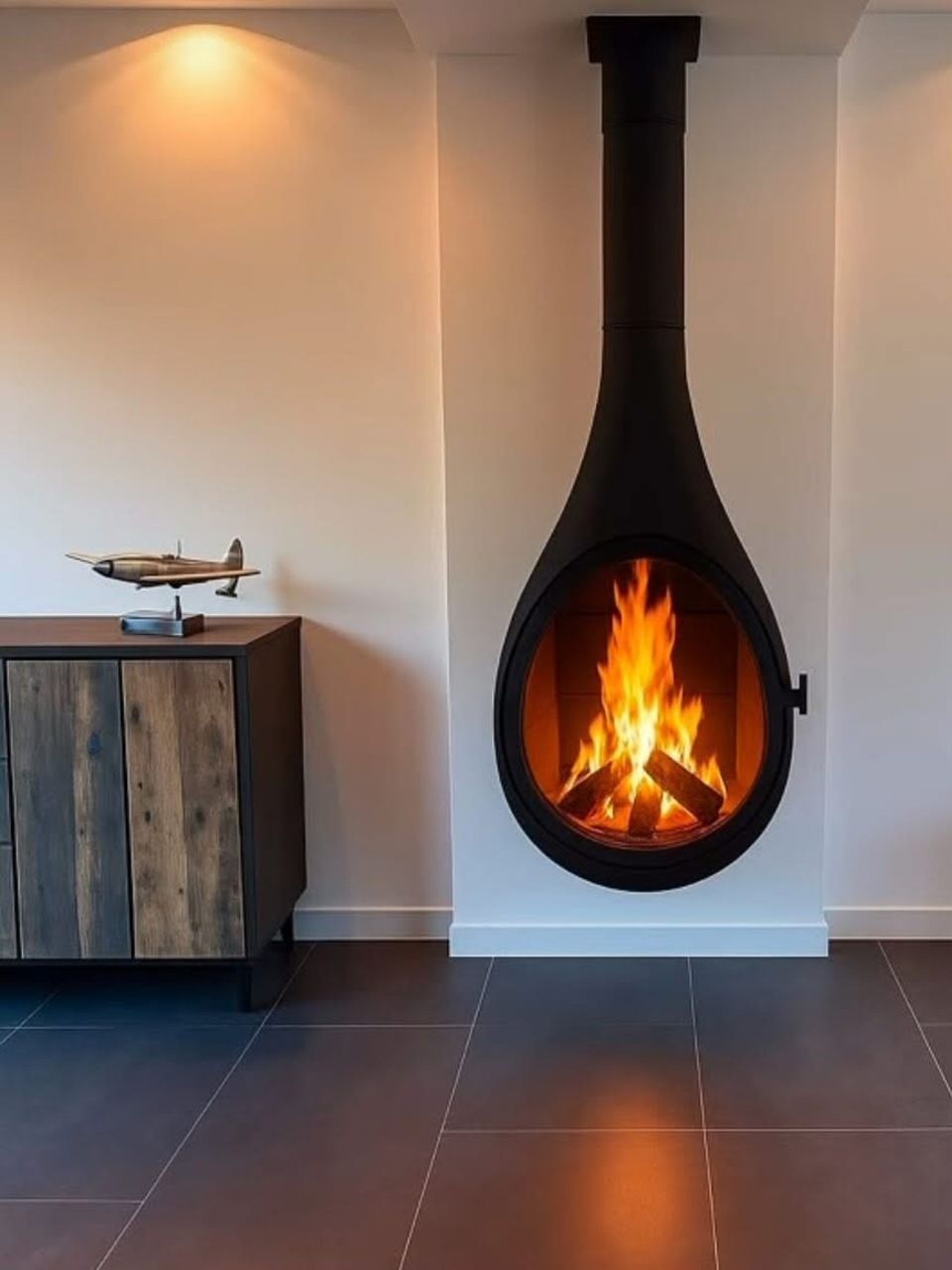 Poêle noir en forme de larme avec des flammes ardentes, fixée sur un mur blanc, à côté d'un meuble en bois.