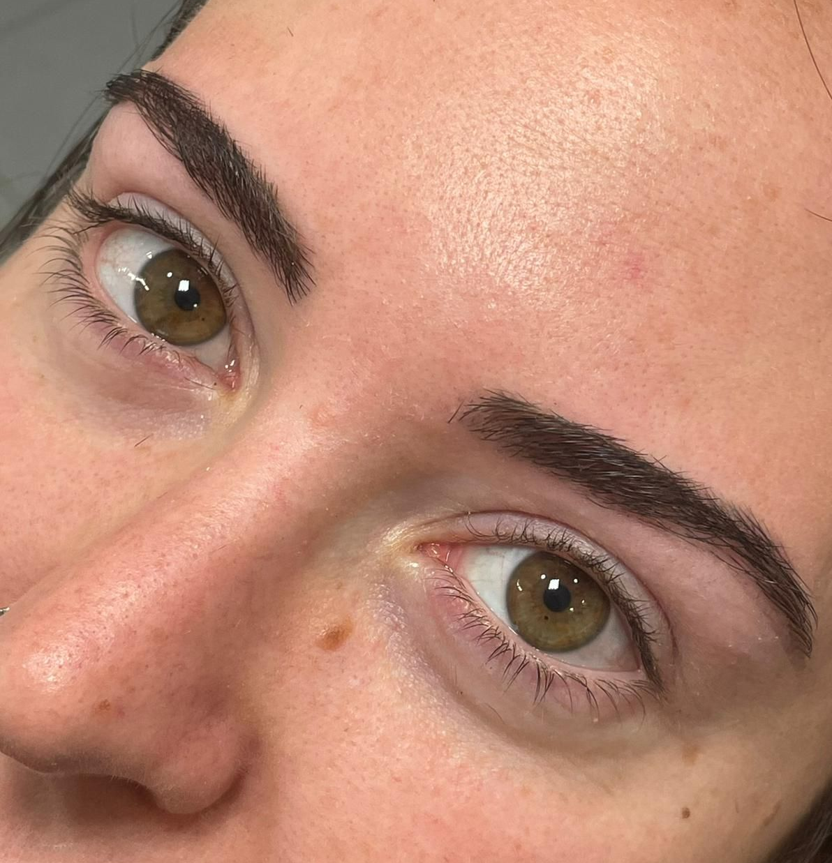 Primer plano del rostro de una persona con cejas de color marrón oscuro delineadas profesionalmente y ojos de color marrón claro.