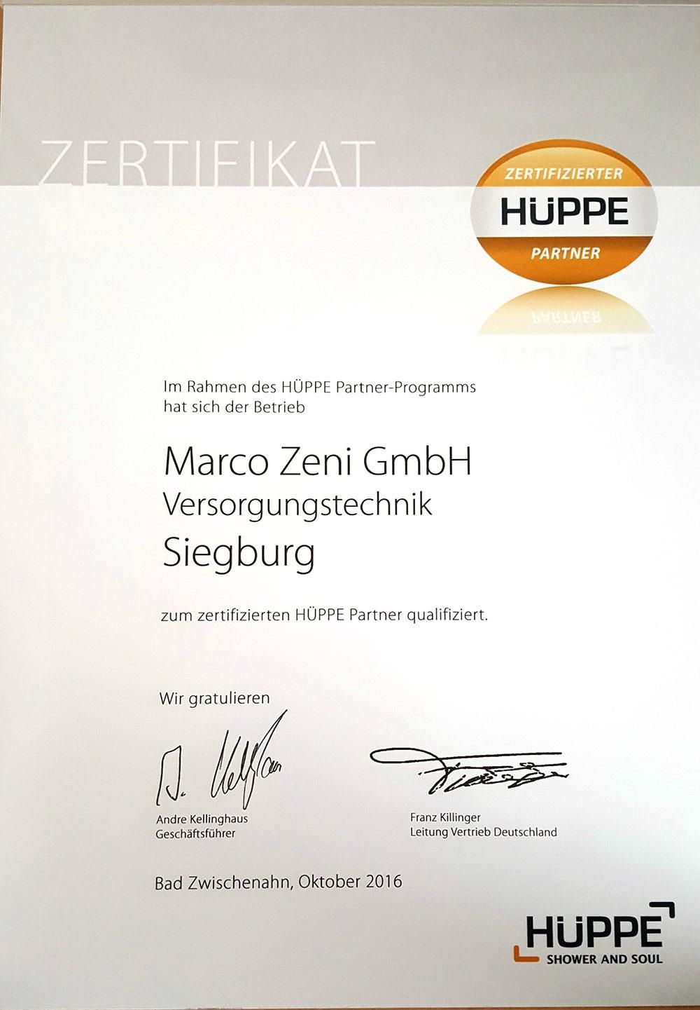 Ein Zertifikat mit der Aufschrift Marco Zeni GmbH