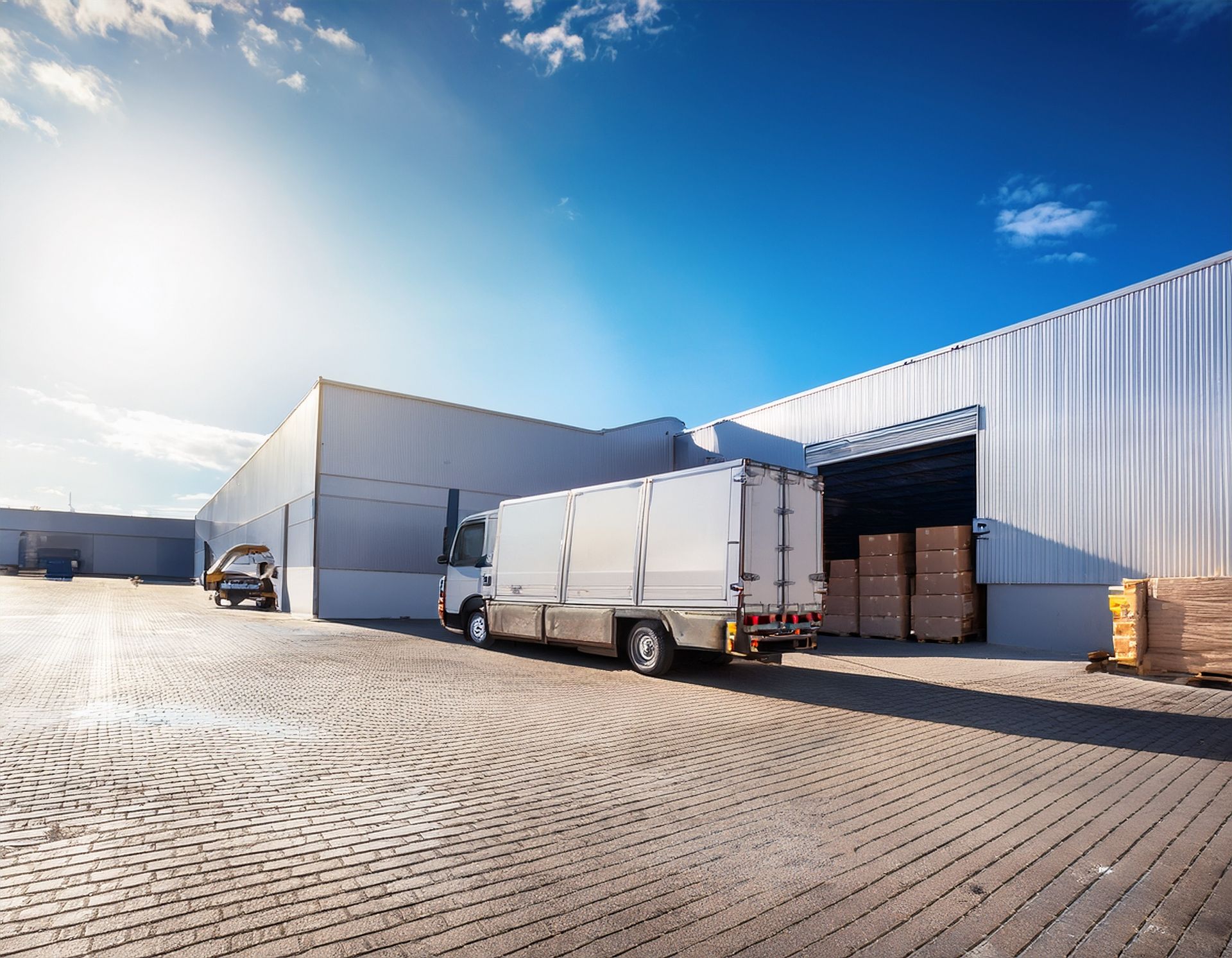 Un camion de livraison blanc est garé devant un entrepôt industriel moderne par une journée ensoleillée.