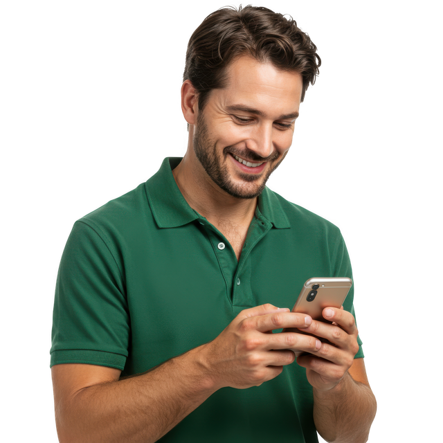 Un homme en chemise verte souriant, regardant un téléphone qu'il tient.