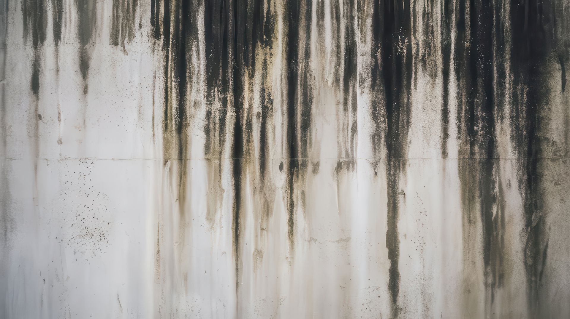 Mur blanc avec des stries verticales de décoloration foncée, peut-être des moisissures ou des taches d'eau.