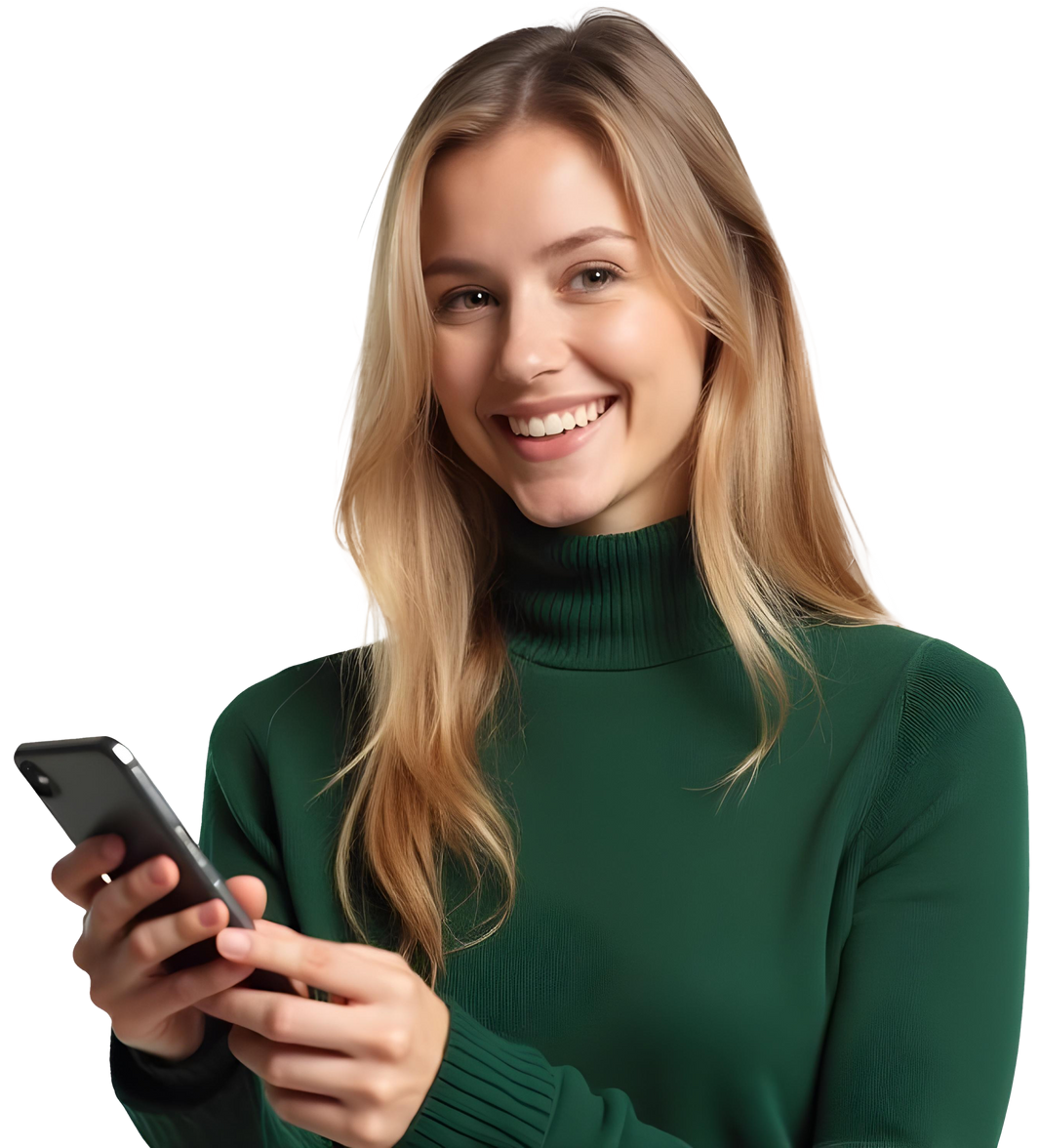 Femme blonde souriante, tenant un téléphone, portant un col roulé vert.