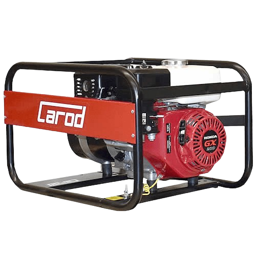 Bomba de agua Larod roja y negra con motor Honda GX en un marco protector de metal negro.