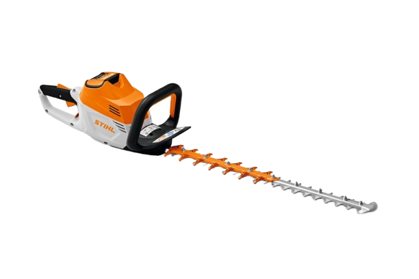 Cortasetos inalámbrico STIHL de color naranja y blanco sobre fondo blanco.
