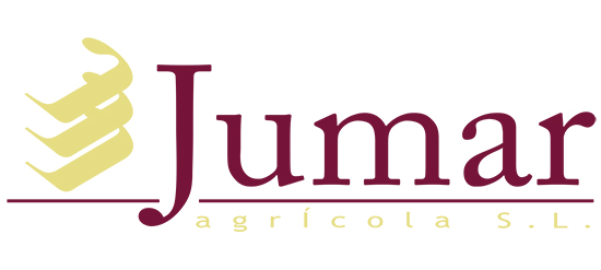 Logotipo de Jumar, una empresa agrícola, con un diseño dorado a la izquierda y texto granate a la derecha.