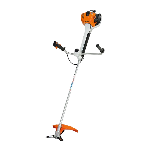 Desbrozadora de hilo STIHL de color naranja y plateado sobre fondo blanco.