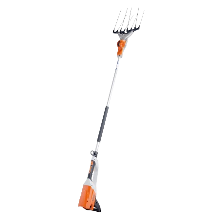 Herramienta eléctrica para varear aceitunas, de color naranja y gris, con brazo extensible y púas.