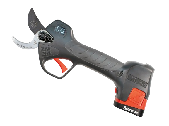 Tijeras de podar a batería, de color negro y rojo, ligeramente inclinadas, listas para usar.