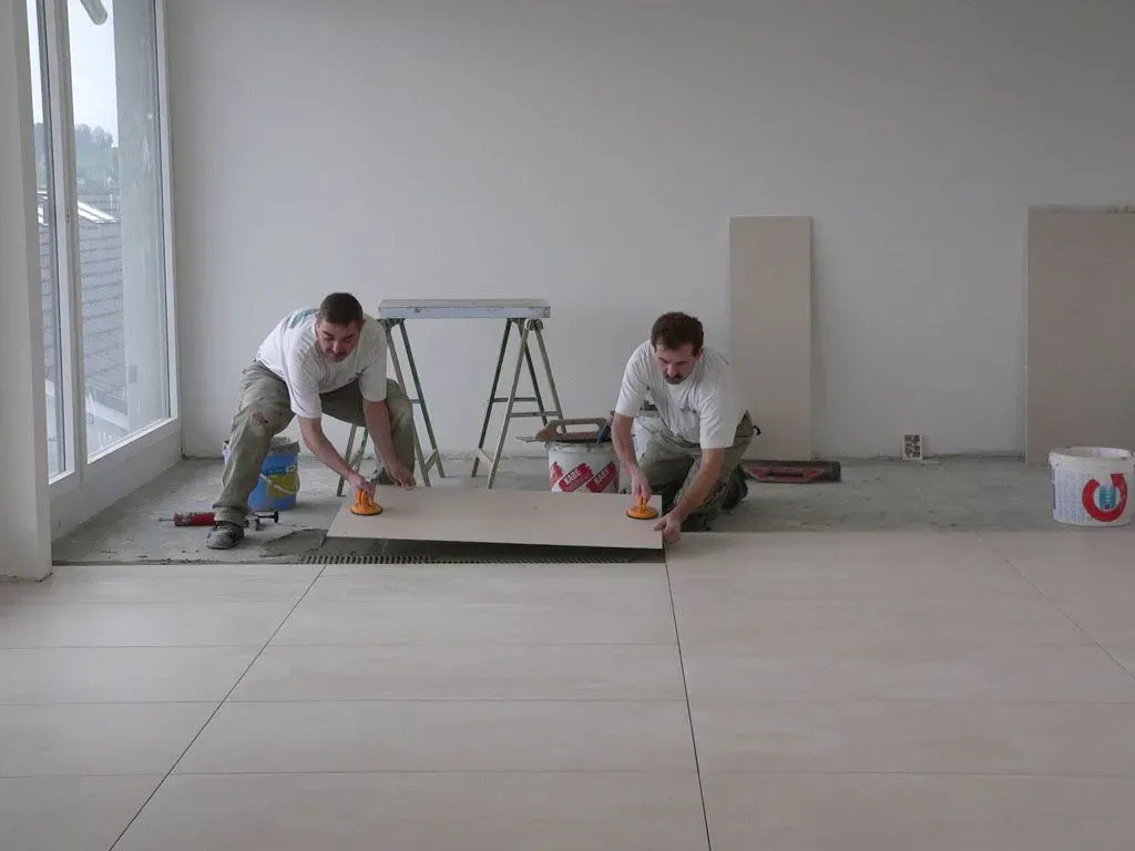 Moderne Terrasse mit hellgrauer Boden