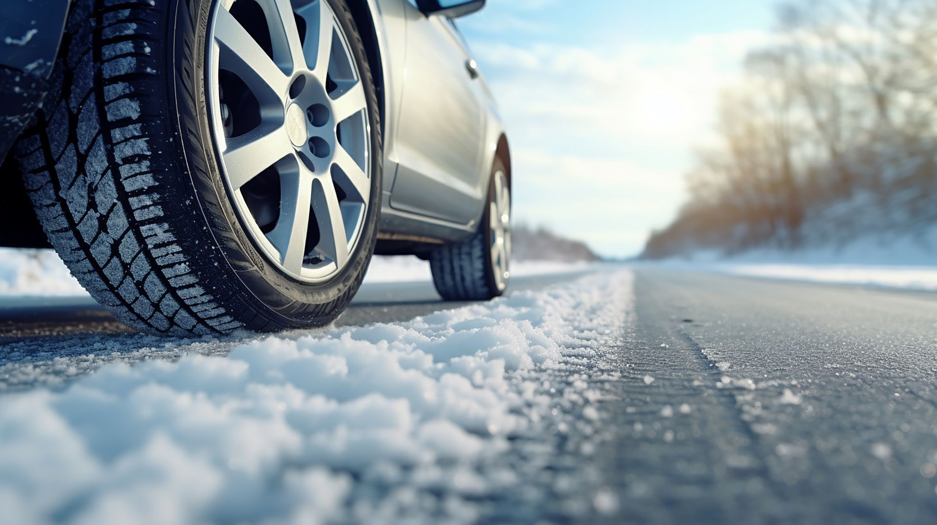Voiture argentée équipée de pneus d'hiver sur une route enneigée.