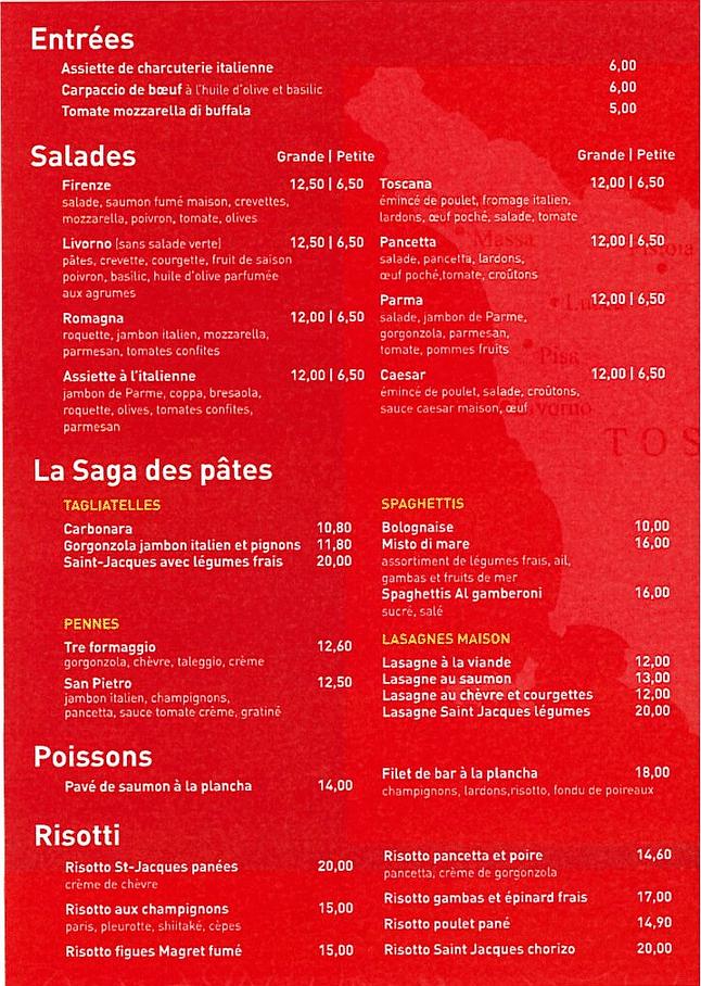 Découvrez la carte du restaurant italien La Toscana à Limoges