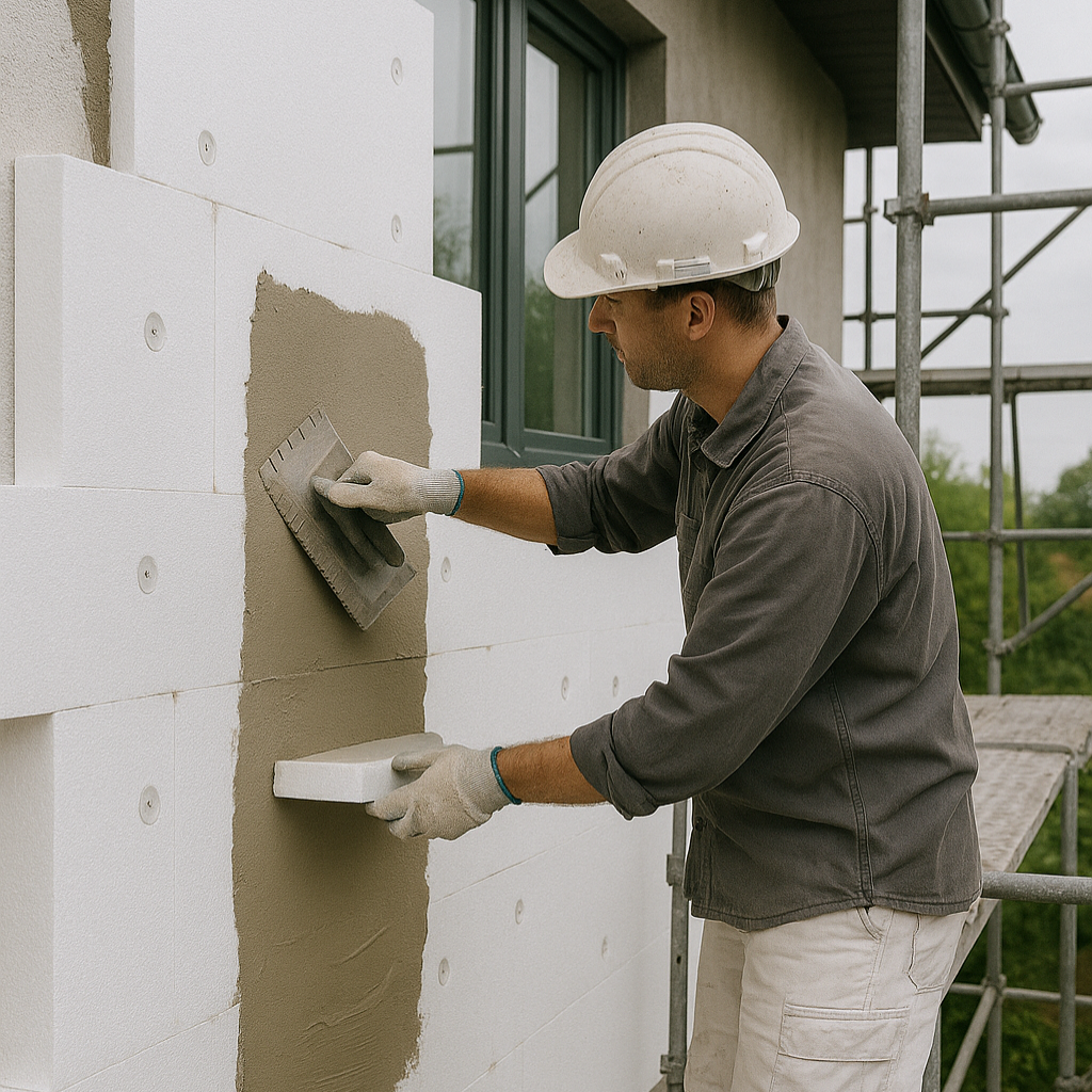 Ouvrier du bâtiment appliquant du mortier sur l'isolant de l'extérieur d'un bâtiment,.
