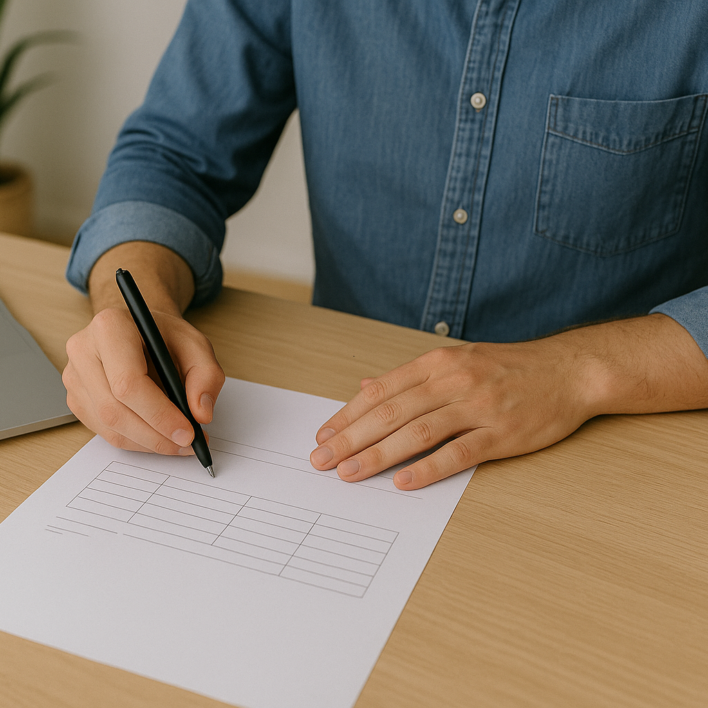 Personne écrivant sur du papier à un bureau en bois, portant une chemise bleue.