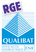 RGE logo with QUALIBAT certification: blue pyramid, white text 