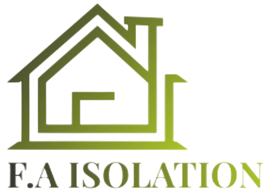 Logo vert : contour de la maison avec « FA ISOLATION » en dessous.