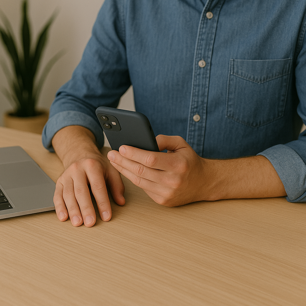 Un homme en chemise en jean utilisant un smartphone à un bureau avec un ordinateur portable et une plante.