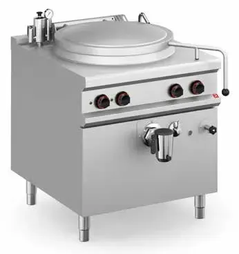 Sartén comercial de acero inoxidable con tapa, perillas de control y grifo dispensador sobre un soporte.