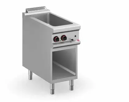 Freidora industrial de pie, fabricada en acero inoxidable, con base de armario de almacenamiento abierto 