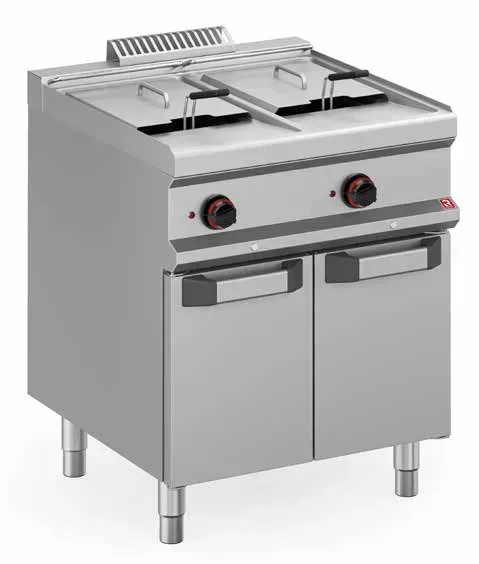 Freidora comercial de doble tanque de acero inoxidable con dos cubetas con tapa, dos perillas de control 