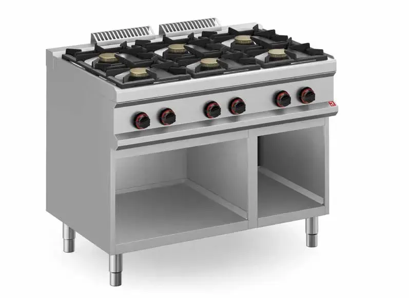 Una estufa de gas comercial de acero inoxidable con 6 quemadores, base abierta y patas ajustables.