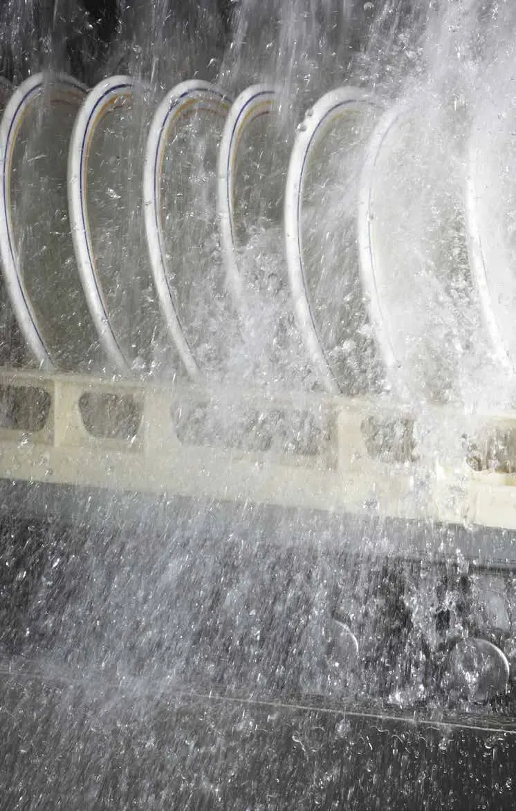 El agua se rocía sobre los platos limpios colocados en la rejilla del lavavajillas.