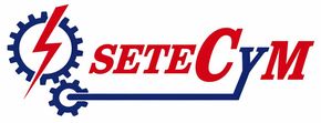 Logotipo con un rayo rojo atravesando un engranaje azul, junto al texto rojo y azul "SETECyM" subrayado por una línea azul.