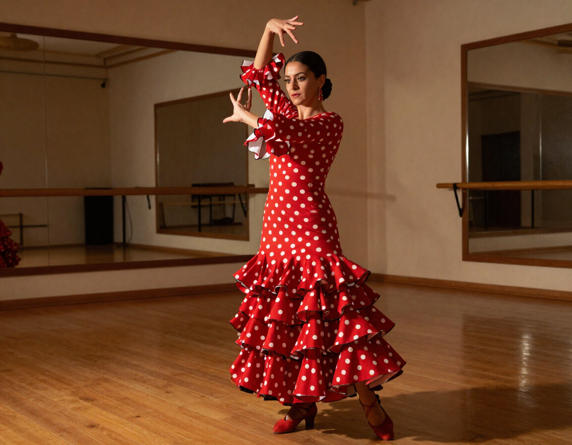 Bailaora de flamenco con vestido de lunares rojos bailando en el aula de la escuela de Huelva