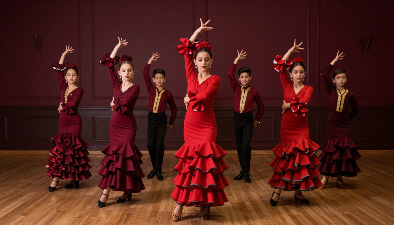 Niñas y niños bailando flamenco en un estudio elegante con tonos rojos y dorados