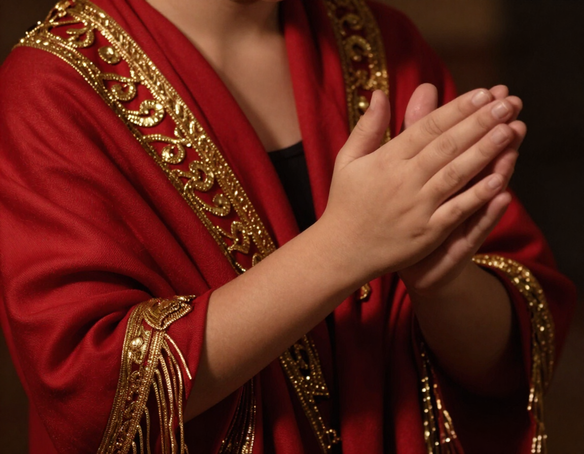 Detalle de una niña marcando palmas flamencas con un mantón rojo