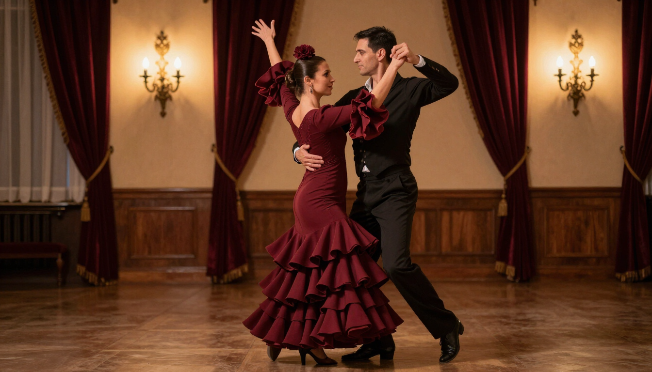 Pareja bailando sevillanas con trajes tradicionales en un salón cálido