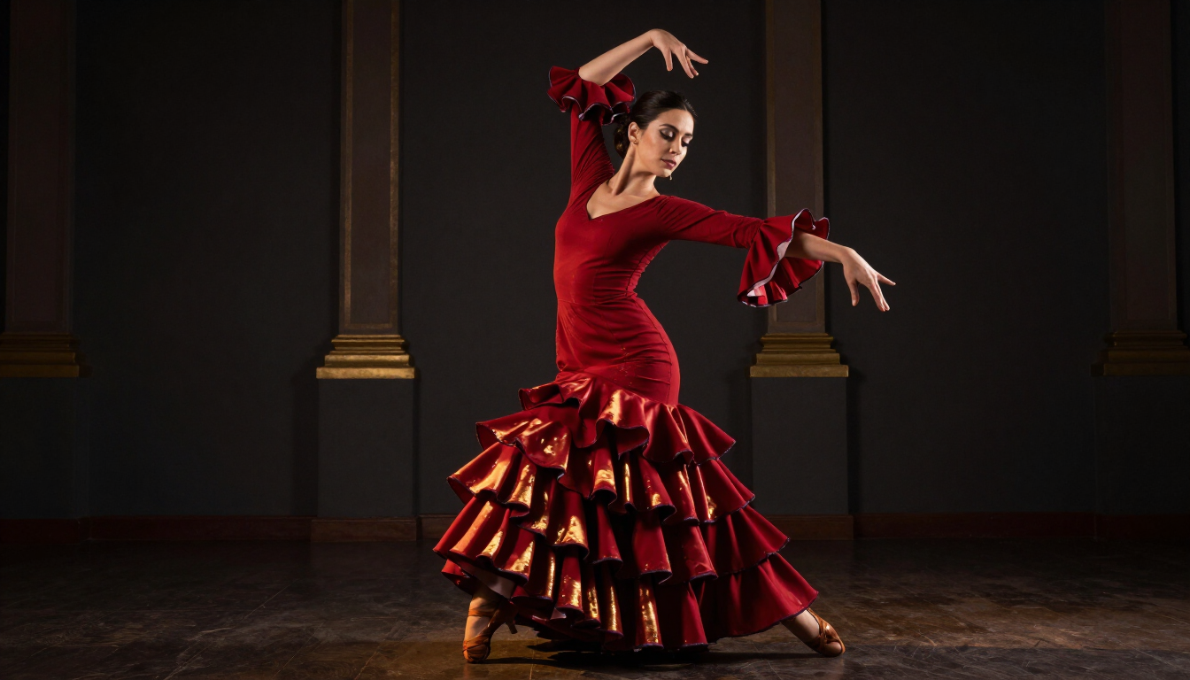 Bailaora de flamenco con vestido rojo interpretando una coreografía en un estudio elegante