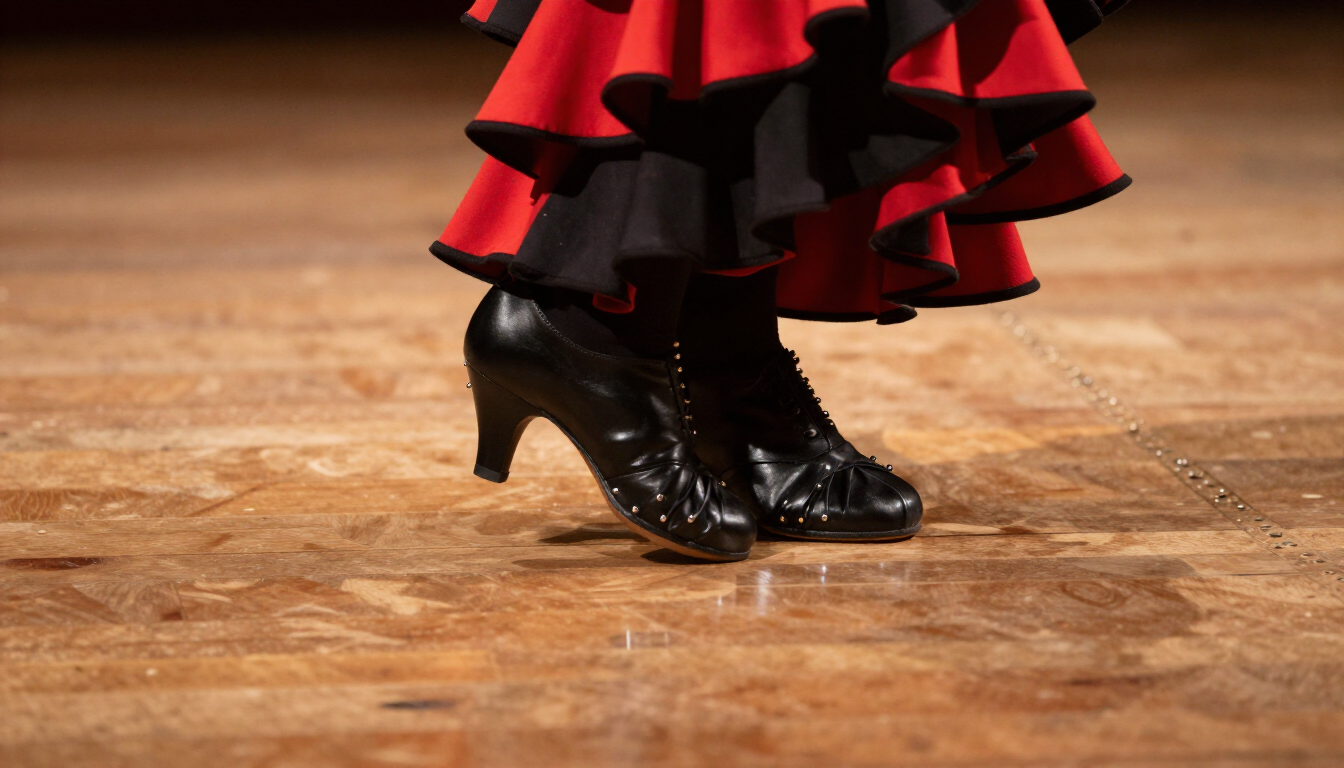 Detalle de los pies de una bailaora sobre el tablao con iluminación dramática