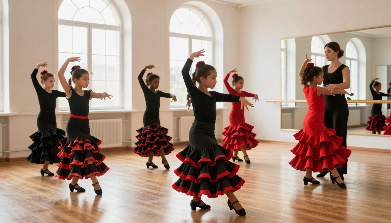 Niños aprendiendo flamenco en una clase de baile llena de color