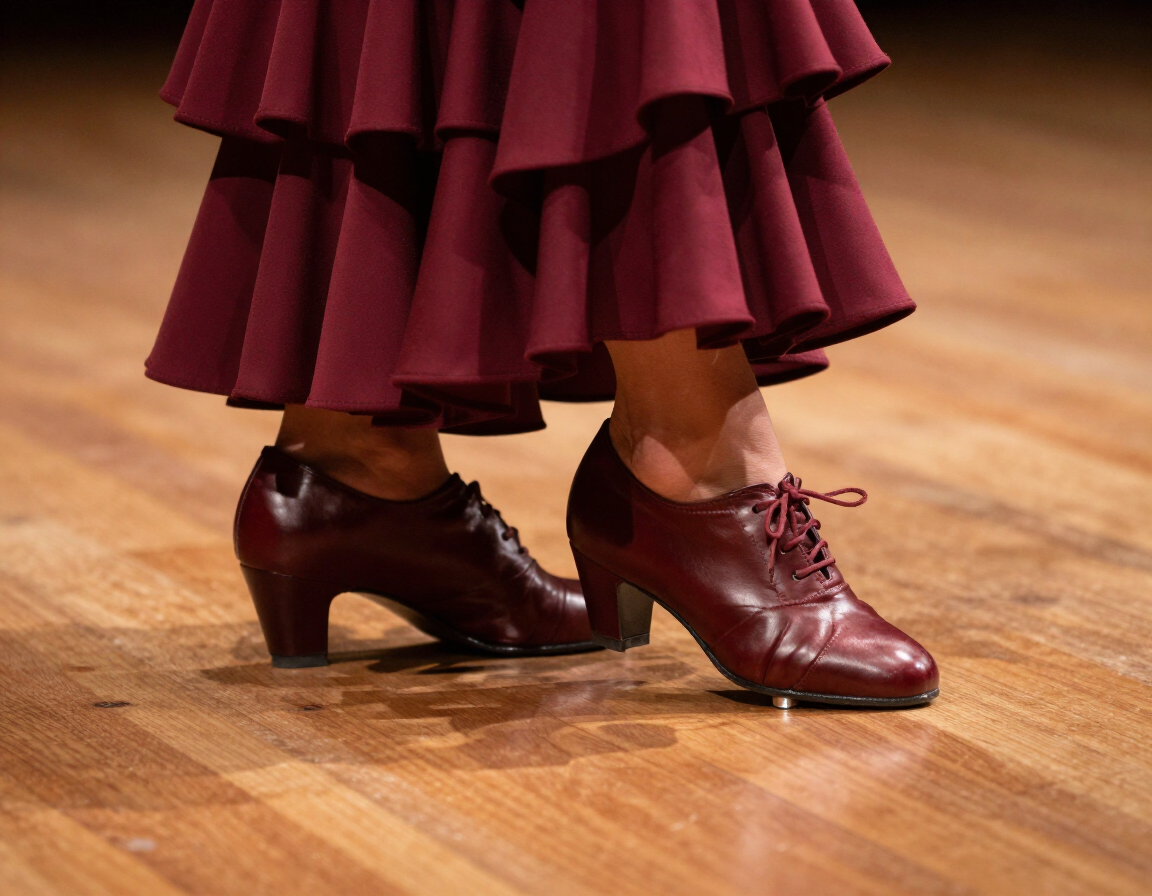 Detalle de los pies de una bailaora de flamenco trabajando el zapateado y el compás