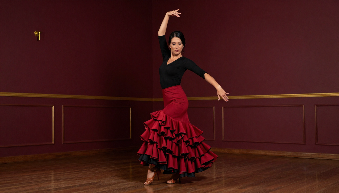 Bailaora de flamenco perfeccionando su técnica en un estudio de tonos burdeos y detalles dorados