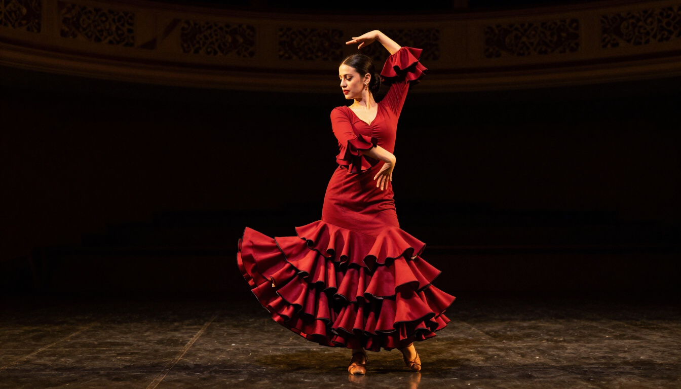 Bailaora de flamenco con vestido rojo en un escenario oscuro de Huelva