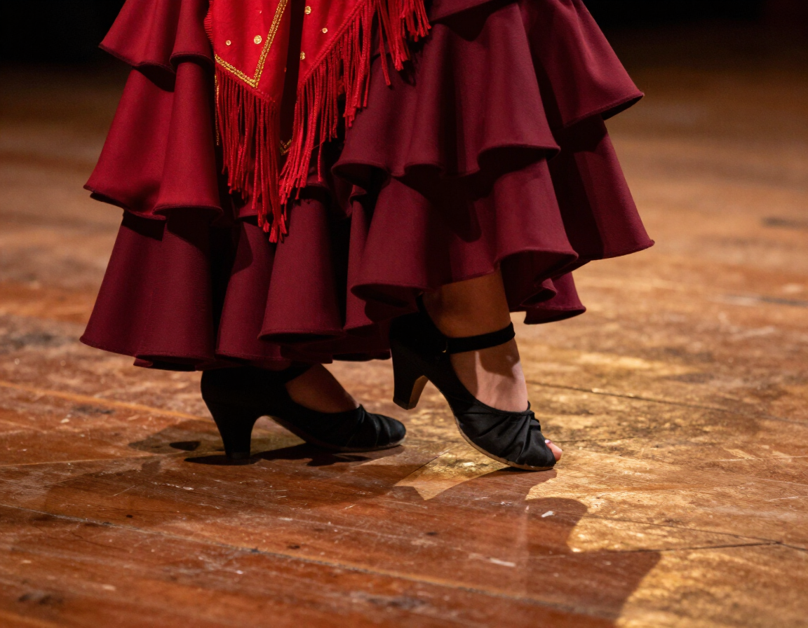 Detalle de los pies de una bailaora de flamenco sobre un tablao de madera