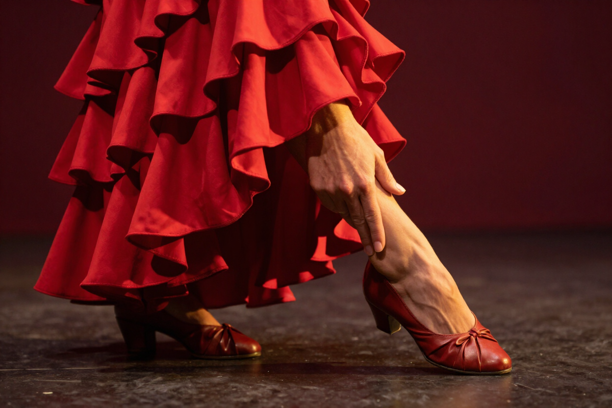 Pies y manos de una bailaora marcando el compás con palmas en Huelva