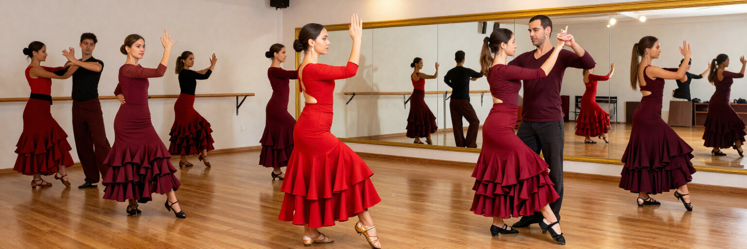 Alumnos principiantes practicando postura y compás de flamenco en una sala de baile en Huelva