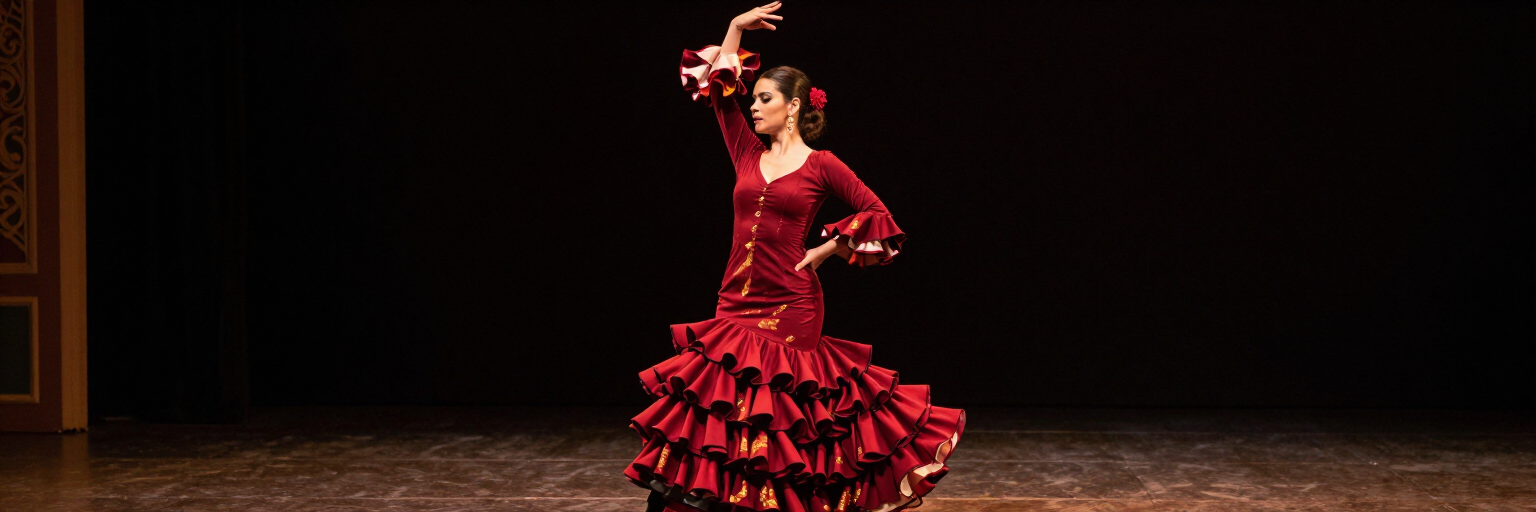 Bailaora de flamenco con vestido rojo sobre un escenario oscuro iluminado en Huelva