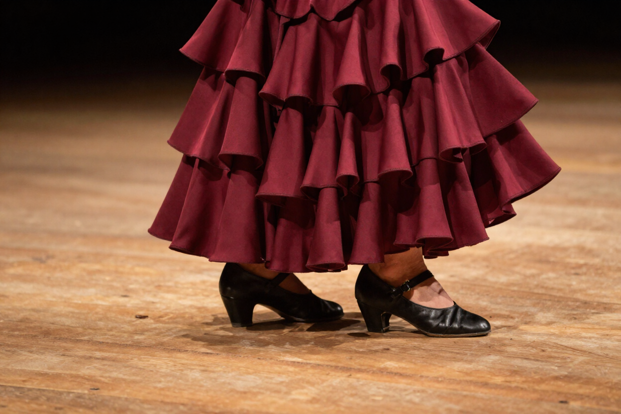 Detalle de los pies de una bailaora de flamenco sobre un tablao de madera