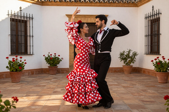 Pareja bailando sevillanas en un patio andaluz al atardecer
