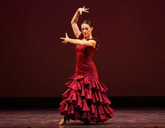 Bailaora de flamenco con vestido rojo de volantes en un escenario oscuro iluminado con luz dorada